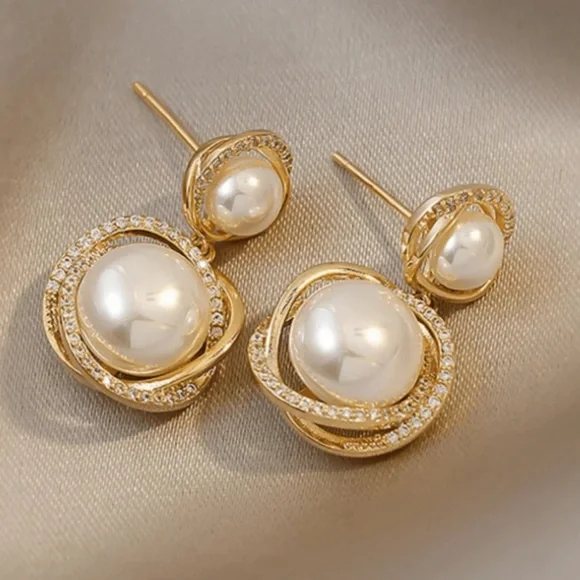 1 Pair High-End Faux Pearl Zinc Alloy Earrings, Rhinestone-Encrusted - Picture 2 of 3